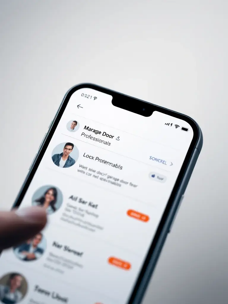 A smartphone displaying the Mi Sharp app, showing a list of qualified garage door professionals with their contact information and availability.