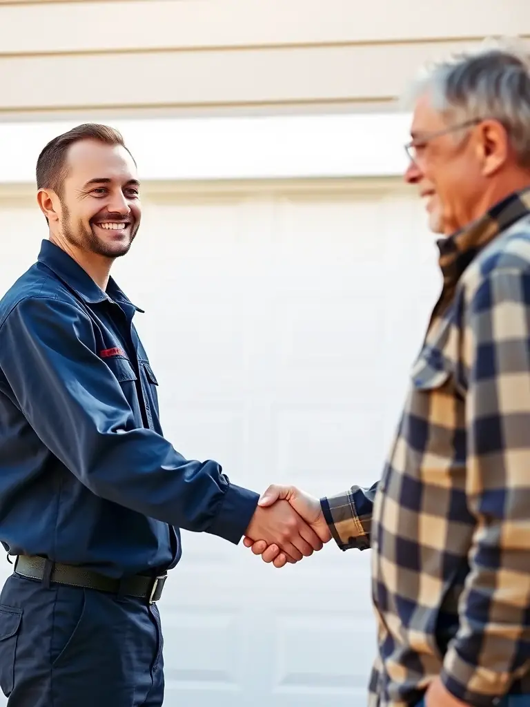 A garage door professional in uniform, smiling and shaking hands with a satisfied homeowner in front of a newly installed garage door.