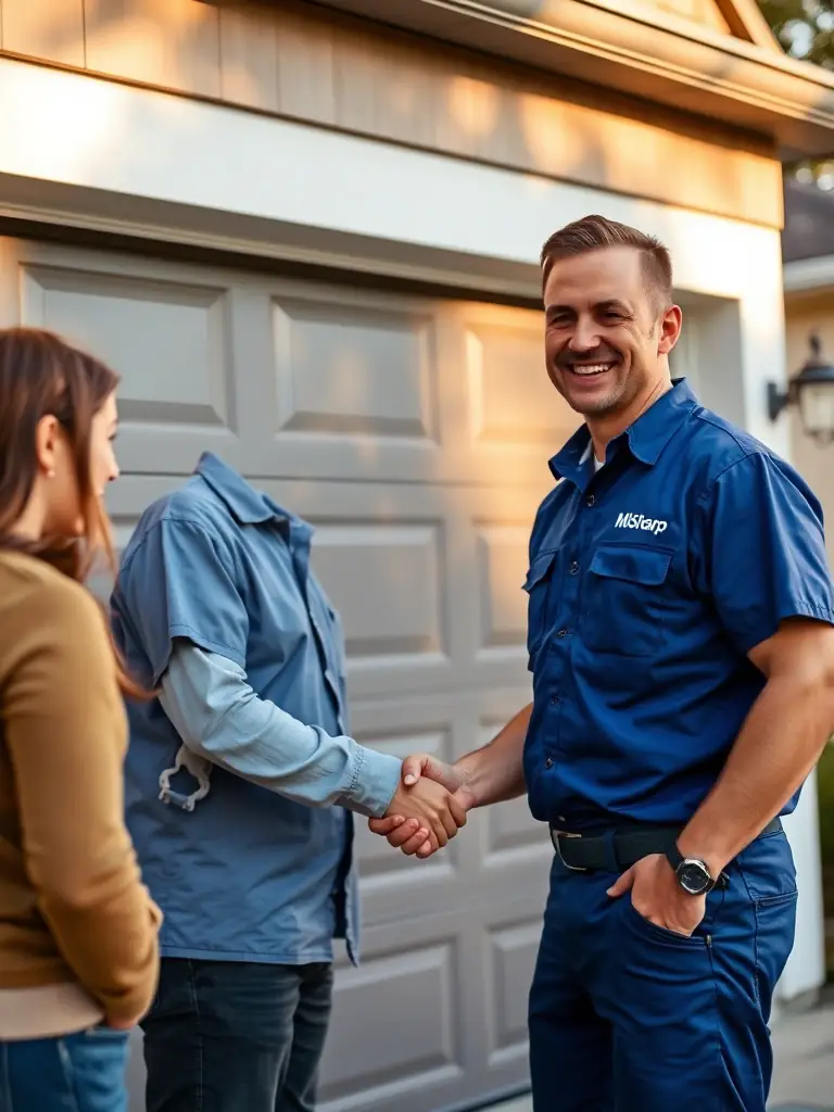 A professional garage door technician in Mi Sharp uniform, smiling and shaking hands with a satisfied homeowner in front of a newly repaired garage door, symbolizing trust and successful service.
