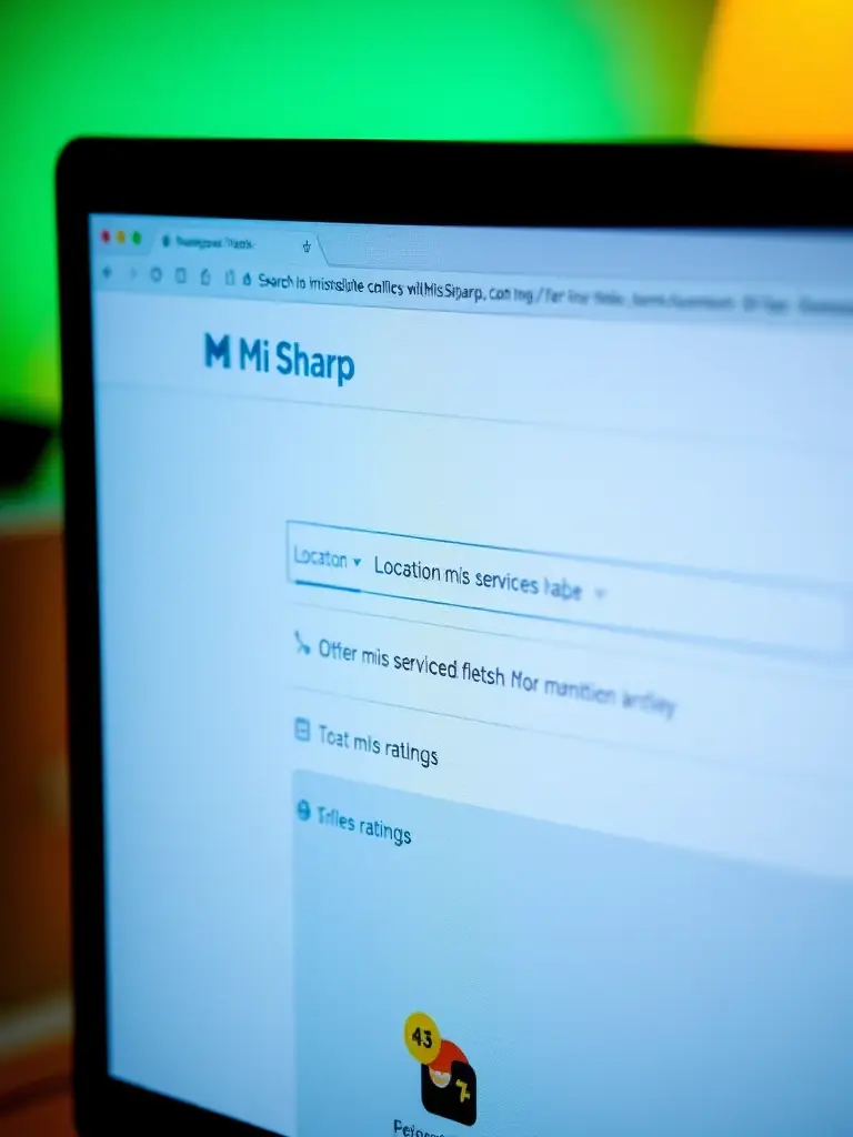 A close-up shot of the Mi Sharp website interface, highlighting the search filters for location, services, and ratings.