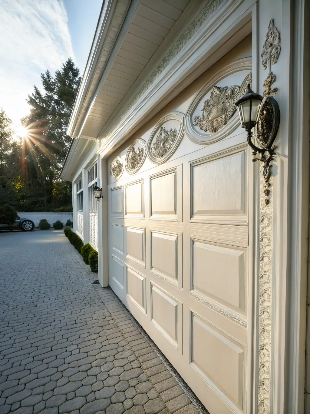 A carriage-style garage door with decorative hardware, installed on a rustic home, highlighting its unique character and charm.