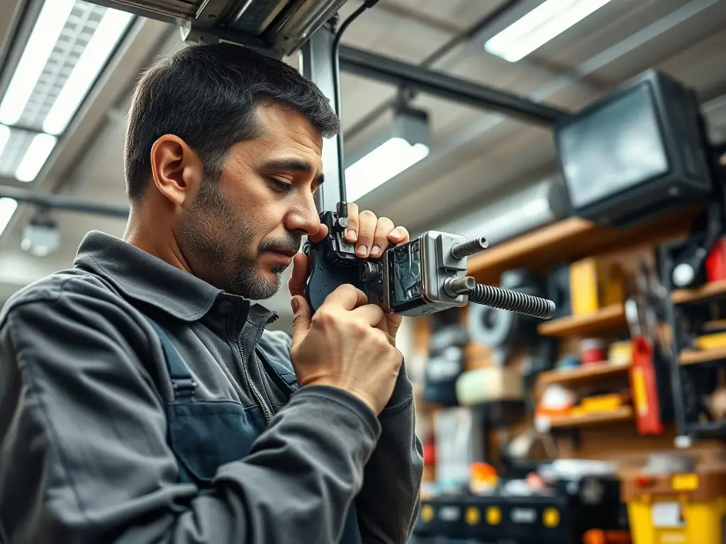 An image showing a technician repairing a garage door opener, highlighting the electrical components and technical skills required.
