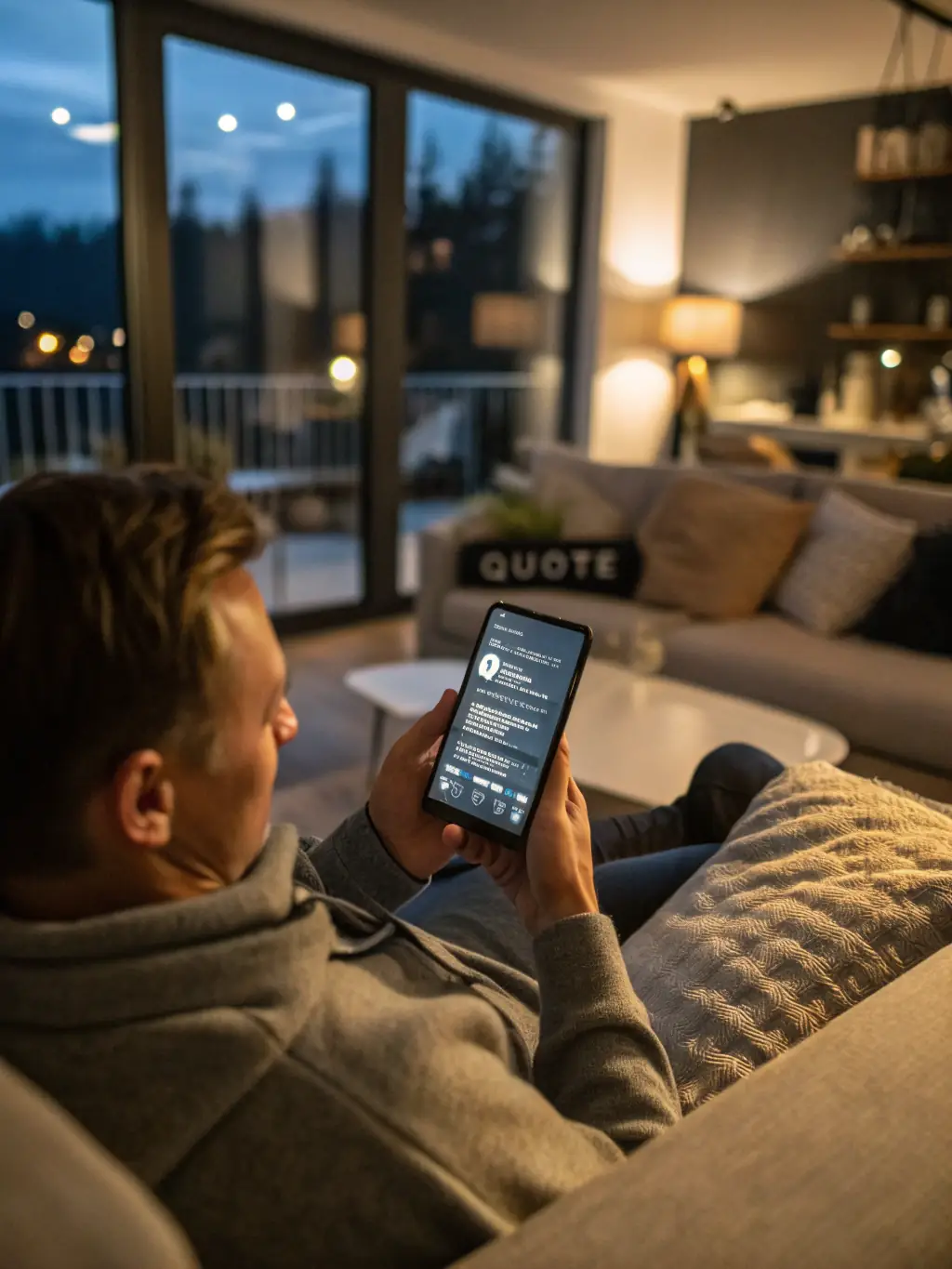 A homeowner looking at a tablet displaying the Mi Sharp website, searching for garage door repair services. The scene is set in a comfortable living room.