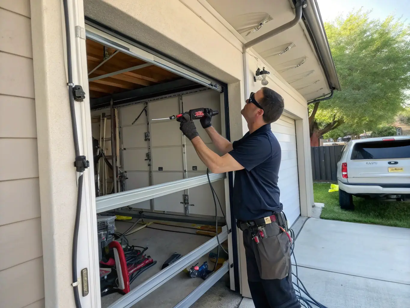 An image of a damaged garage door panel being replaced, showcasing the restoration of the door's appearance and functionality.