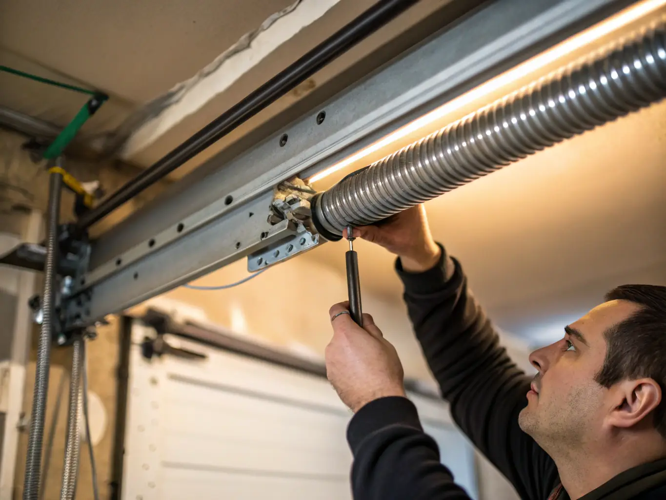 A close-up image of a technician replacing a broken garage door spring, emphasizing the precision and expertise involved in the repair process.
